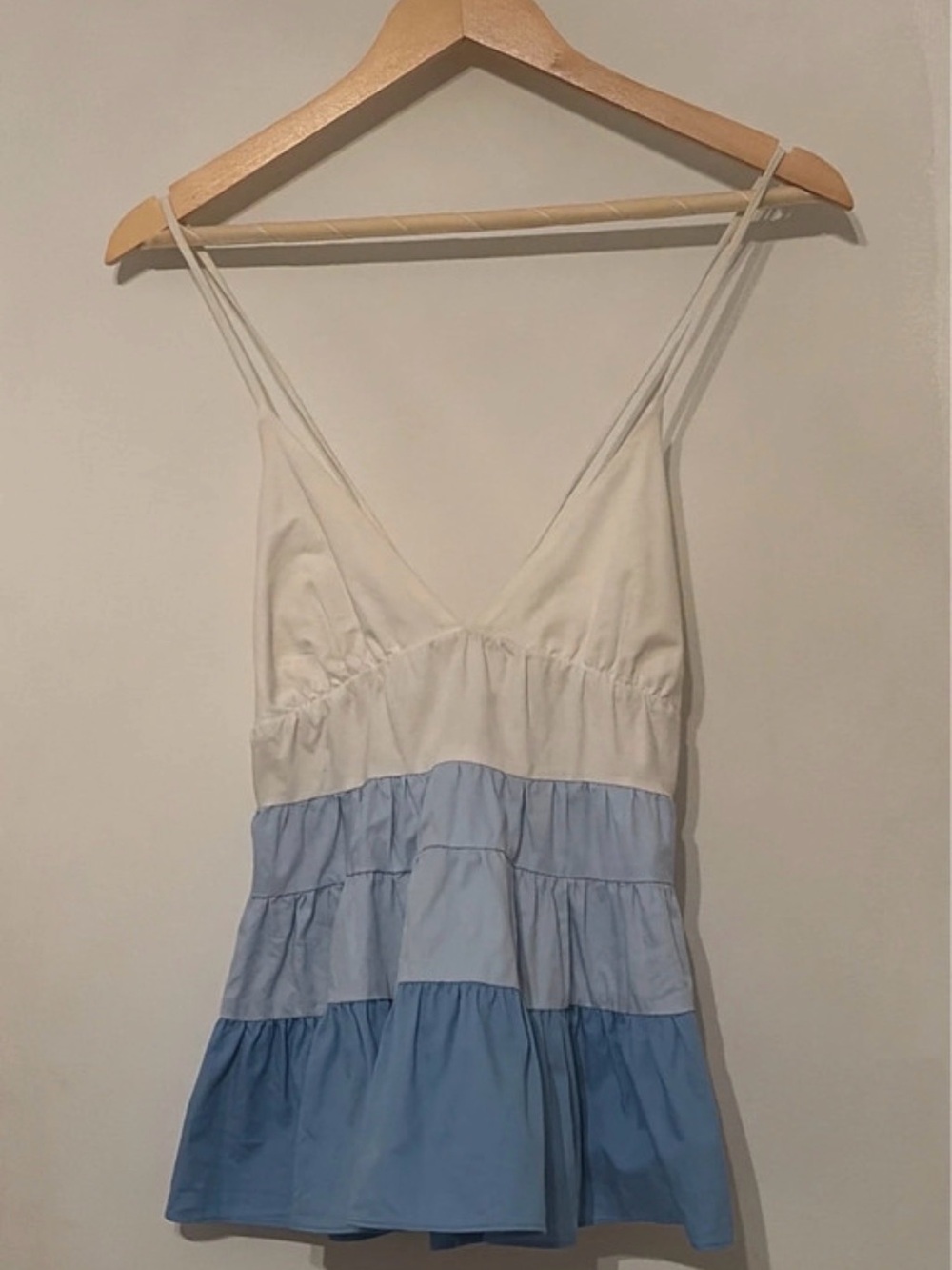 vestique White and Light Blue Tiered Spaghetti-Strap Top